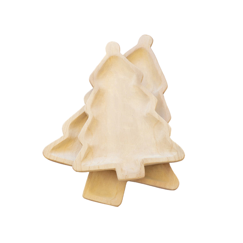 Wood Carved Christmas Tree Tray Set