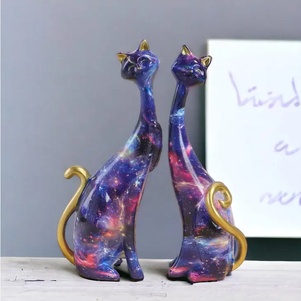 Resin Hand-Painted Galaxy Graffiti Mid-Century Cat Statue S/2