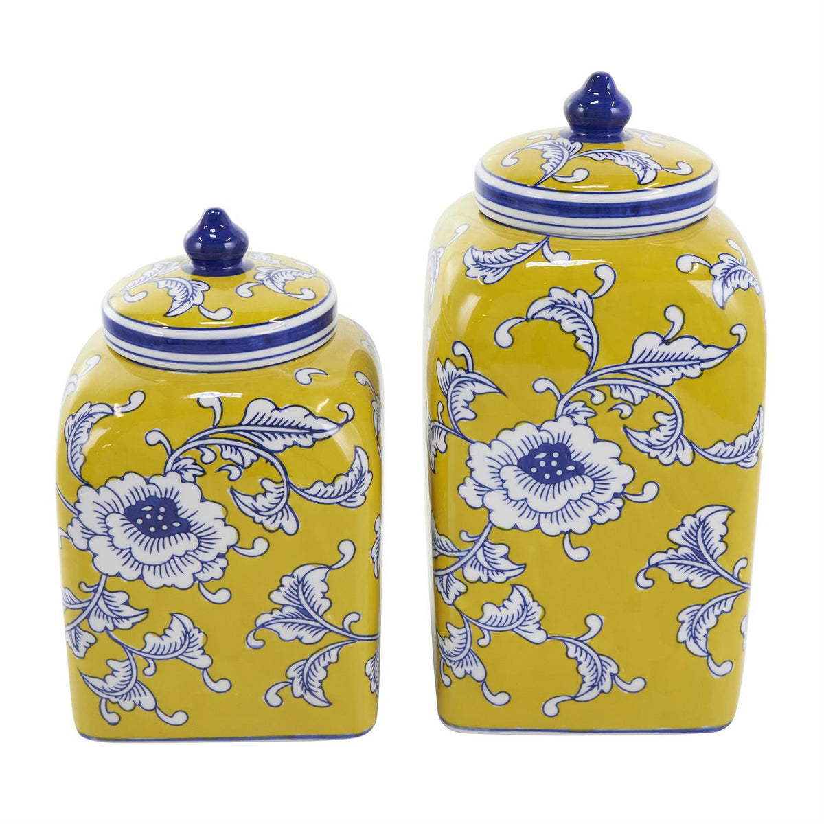 Set of 2 Ceramic Yellow Floral Decorative Jar
