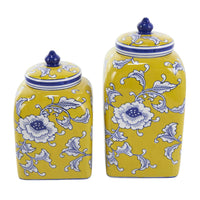 Set of 2 Ceramic Yellow Floral Decorative Jar