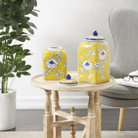 Set of 2 Ceramic Yellow Floral Decorative Jar