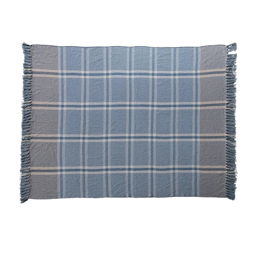 Blue & Grey Plaid Recycled Cotton Blend Woven Throw w/ Fringe