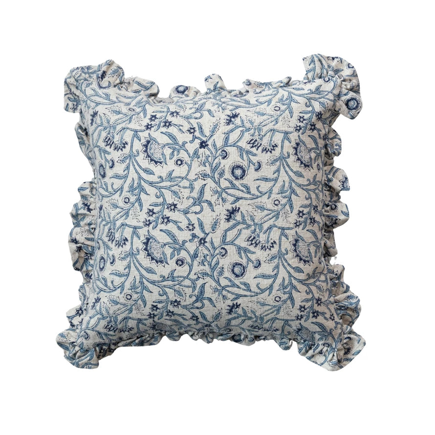 Cotton Blend Floral Pillow w/ Ruffled Edge