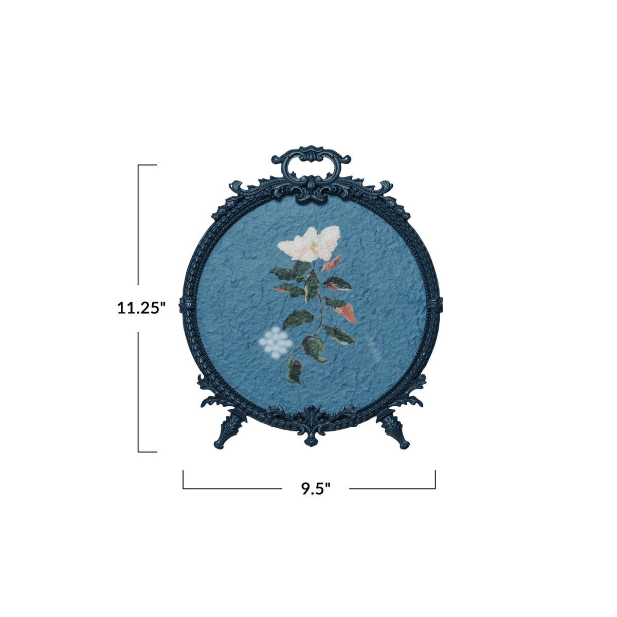 Round Pewter Antique Inspired Frame w/ Hand Painted Flower