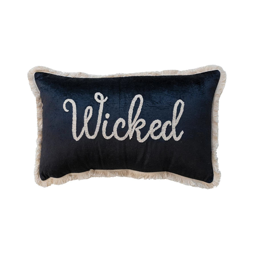 "Wicked" Cotton Velvet Black Lumbar Pillow w/ Embroidery & Fringe
