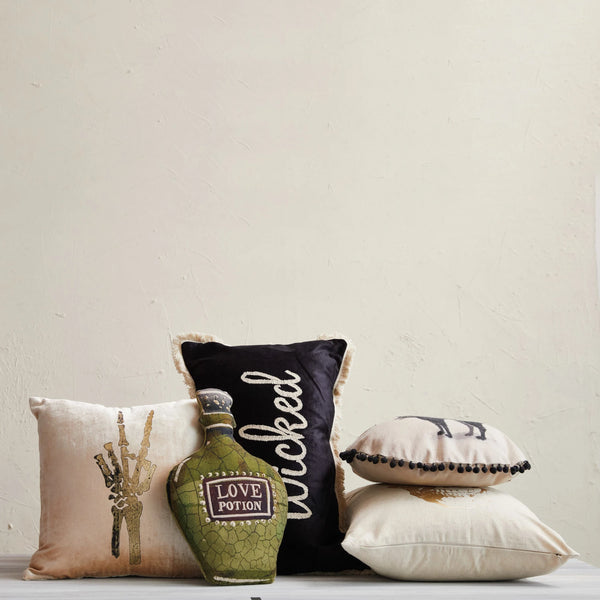 "Wicked" Cotton Velvet Black Lumbar Pillow w/ Embroidery & Fringe