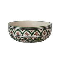 Hand-Painted Stoneware Bowl w/ Design, Cream Color, Brown & Green
